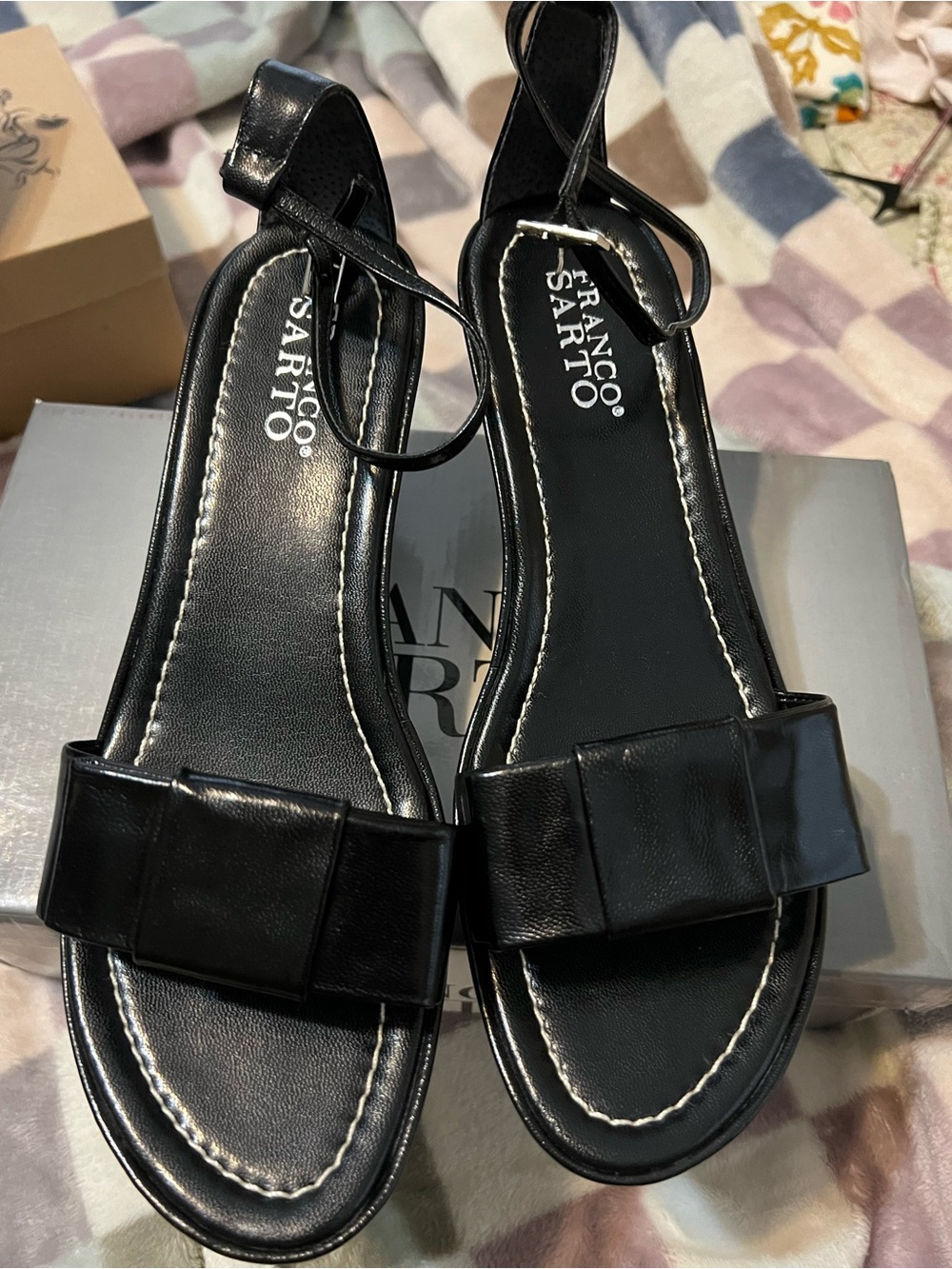 Franco Sarto Black Leather Bow-Front Ankle-Strap Sandals